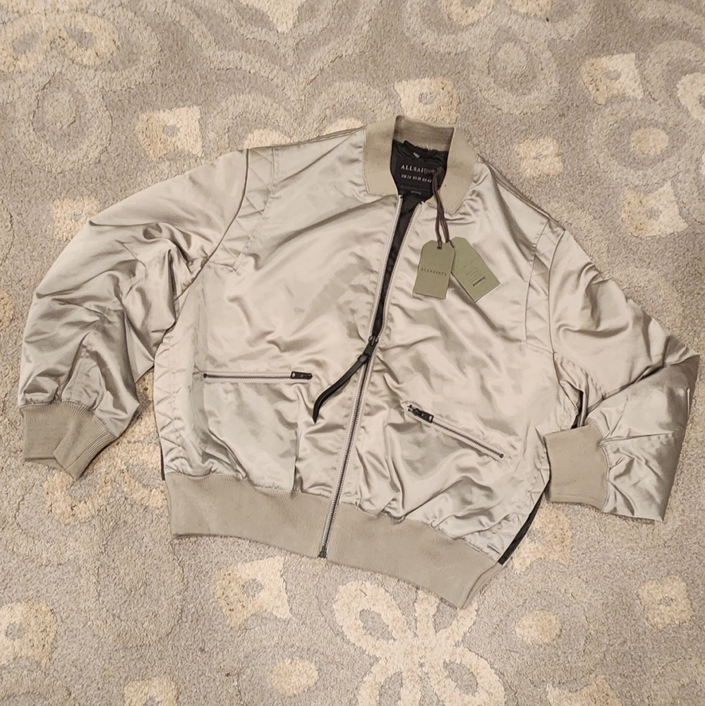 All Saints Broke Metallic Gray Bomber Jacket In Pale Green Wmn's Size M US10